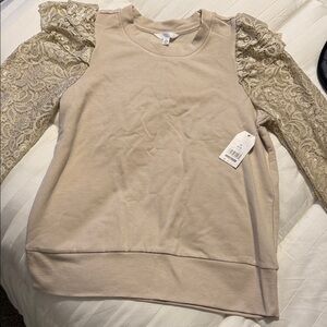 Time and Tru Beige Lace Sleeve Sweatshirt